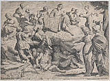 Allegory with Minerva at right, leading a young man towards Mount Parnassus, where the Muses sit, Johann Friedrich Greuter German, Engraving