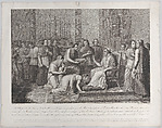 A woman kneels to kiss the foot of Pope Pius VII, with a crowd behind her at left, Carlo Lasinio  Italian, Stipple engraving
