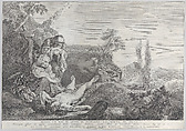 Adam and Eve at left, as an elderly couple, mourning over the corpse of Abel who lies in front of them as Cain disappears in the distance at right, Pietro Monaco  Italian, Etching