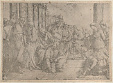Christ kneels and writes on the pavement at center, while the woman taken in adultery stands between three soldiers at right, Luca Giordano  Italian, Etching; second state of two