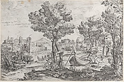 Landscape with a man holding a snake to a terrified child, watched by a fashionably dressed couple on the riverbank at right, Giovanni Francesco Grimaldi Italian, Etching