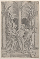 The Flagellation of Christ who is tied to a column at center set within an arcade, Giovanni Antonio da Brescia  Italian, Engraving