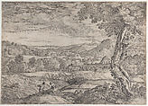 Landscape with a brick factory in the middle ground, a standing man in the foreground points to the left as he faces a man lying on a rock, Giovanni Francesco Grimaldi (Italian, Bologna 1606–1680 Rome), Etching