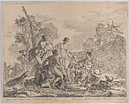 The shepherd Paris sitting on the right, holding a staff and handing an apple to Venus accompanied by two nymphs, Jacopo Guarana Italian, Etching