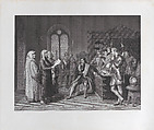 Scene with Columbus (?) at center, soldiers at right, and men in robes at left, Luigi Boscolo  Italian, Engraving