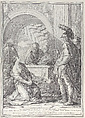 Jephthah's daughter kneeling by the sacrificial altar, with her father standing at right, Pietro Monaco  Italian, Etching and engraving