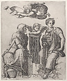 Two female figures seated in the clouds flanking an angel and another flying above carrying a banderole, Giovanni Antonio da Brescia  Italian, Engraving