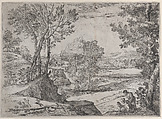 A family seated alongside a river, Giovanni Francesco Grimaldi Italian, Etching