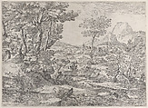 Three boys in a landscape with a town in the background, Giovanni Francesco Grimaldi Italian, Etching