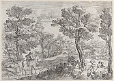 A group of people playing cards at right and a man on horseback at left, Giovanni Francesco Grimaldi Italian, Etching