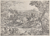 The Baptism of Christ at lower left, within a landscape, Giovanni Francesco Grimaldi Italian, Etching