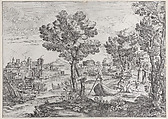 Landscape with a man holding a snake to a terrified child, watched by a fashionably dressed couple on the riverbank at right, Giovanni Francesco Grimaldi Italian, Etching