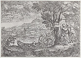 Landscape with the flight into Egypt, Giovanni Francesco Grimaldi Italian, Etching