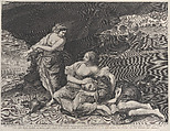 The drunkenness of Lot, who is asleep on his daughter's lap at center, while his other daughter points towards the burning city of Sodom at left, Lucas Vorsterman I Flemish, Engraving
