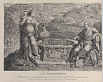 Christ, seated at right, and the woman of Samaria, who stands at left, Frédéric Horthemels  French, Etching and engraving