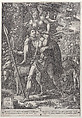 Allegory of the Hunt; a hunter holding a large spear carrying a woman (Diana?) on his shoulders; five hunting dogs in the foreground and a retinue of male and female hunters in the background, Giorgio Ghisi (Italian, Mantua ca. 1520–1582 Mantua), Engraving; second state of four