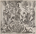 Allegorical composition with six Olympian gods gathered around a figure in armor, Oliviero Gatti Italian, Engraving