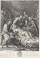 The death of Saint Joseph, lying on a bed, with Jesus, the Virgin Mary, and angels at his side, Johann Christian Teucher  German, Etching