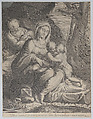 The Holy Family with infant Saint John the Baptist kneeling at right, Anonymous, Engraving