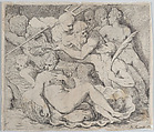 Venus, recumbent on a shell, surrounded by sea gods, Anonymous, Etching
