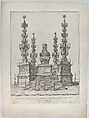 Catafalque for Pope Clement X: a central structure raised on a 15 stepped platform, with columns surmounted by elaborate candelabra at each corner, Giovanni Battista Falda  Italian, Engraving