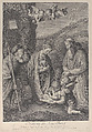 The Nativity, with Saint Joseph, the Virgin, and a male saint adoring Christ Child, who lies at center, supported by angels, Jean-Baptiste de Poilly French, Etching and engraving