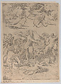 Galatea riding in a shell pulled through the water by dolphins, a cupid below and four more above, at left a triton embracing a nymph and behind them a man on horseback blowing a conch, at right a figure blowing a horn and  behind him a nymph riding on a centaur, Marco Dente (Italian, Ravenna, active by 1515–died 1527 Rome), Engraving