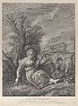 A country woman sitting in landscape with two boys at her side, Gérard Jean Baptiste Scotin I French, Etching and engraving