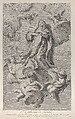 The Ecstasy of Saint Catherine of Siena, kneeling on a cloud carried by angels, one of whom holds a lily, Simon Francis Ravenet, the elder  French, Etching