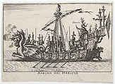 Plate 1: Ship of Hercules (Barcha del Hercole), with dragon-headed prow and Hercules on platform behind oarsmen and standing soldiers, from "The magnificent pageant on the river Arno in Florence for the marriage of the Grand Duke" (Le Magnifique carousel fait sur le fleuve de l'Arne a Florence, pour le mariage du Grand Duc), Anonymous, Etching