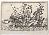 Plate 2: The Argonaut Amphion led by Mercury (Anfione Argon. condotto da Mercurio), from "The magnificent pageant on the river Arno in Florence for the marriage of the Grand Duke" (Le Magnifique carousel fait sur le fleuve de l'Arne a Florence, pour le mariage du Grand Duc), Anonymous, Etching; reverse copy