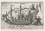 Plate 6: Ship of Castor and Pollux (Barcha de Castor et Poluce), from "The magnificent pageant on the river Arno in Florence for the marriage of the Grand Duke" (Le Magnifique carousel fait sur le fleuve de l'Arne a Florence, pour le mariage du Grand Duc), Anonymous, Etching; reverse copy