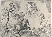 Jupiter, Neptune, and Pluto offering their crowns to the arms of Cardinal Borghese, Simone Cantarini (Italian, Pesaro 1612–1648 Verona), Etching; second state of four