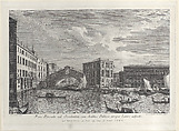 The Rialto Bridge, Venice, with boats and gondolas in the water, Giovanni Battista Brustolon  Italian, Etching