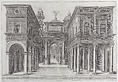 A street with buildings, colonnades and an arch, Donato d'Agnolo Bramante  Italian, Engraving; third state of three