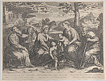 The Holy Family at right, with the infant Saint John the Baptist, Elizabeth, Zacharias, and an angel at left, Pieter de Jode II  Flemish, Engraving