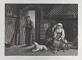 The Surprise (La Sorpresa), an old woman enters a cottage at left while a couple is seated at right, Luigi Boscolo  Italian, Engraving