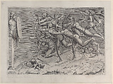 Naked archers shooting at a target attached to a herm, Cupid sleeping below, possibly an allegory related to vice, Nicolas Beatrizet (French, Lunéville 1515–ca. 1566 Rome (?)), Engraving, red wash on the exposed penises presumably to obscure them