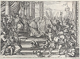 Pope Alexander III presents Doge Ziani with standards and bugles after his defeat of Holy Roman Emperor Frederick I Barbarossa, from "Il gran Teatro di Venezia" (The great theater of Venice)
, Anonymous , Italian, 18th century, Etching