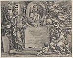 Frontispiece with oval portrait of Raphael, with three allegorical figures of the Arts supporting the tablet at center, Pietro Aquila  Italian, Etching