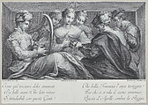 A group of elegantly dressed people playing the harp and a guitar, Bartolomeo Crivellari  Italian, Engraving