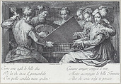 A group of elegantly dressed people playing the piano and other instruments, Bartolomeo Crivellari  Italian, Engraving