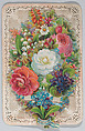 Valentine - Mechanical - flowers reveal happy messges, Anonymous, British or American, 19th century British or American, Heavy lace-embossed card-stock, die cut chromolithographed scraps, white silk ribbon for tabs
