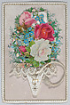 Valentine - Name Day Celebration - bouquet with tassel, Anonymous, British, 19th century British, Heavy card-stock, die cut chromolithographed scraps, gilding, lace fabric, silk tassel, ink