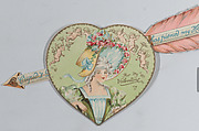 Valentine - Mechanical - Heart with arrow opens, image of a woman, Anonymous, British or American, 19th century  British or American, Heavy card stock, chromolithography, narrow silk ribbon