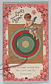 Valentine - Mechanical - Cupid and Target, Anonymous, British, 19th century  British, Heavy card stock, chromolithography, narrow red ribbon, red string, red bead