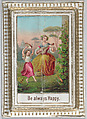 Mechanical box-shaped greeting card:  dancing and bucholic scene, Cupid brings bouquets., Anonymous  British, Heavy card-stock, die cut card stock, chromolithography, gilding