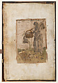 A peasant woman going to market, Anonymous, Italian, 15th century  Italian, Engraving with hand colouring and manuscript additions throughout, pasted to the inside cover of a medical book