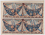 Sheet with a two borders with hanging drapery and two blue floral garlands, Anonymous , Italian, late 18th-mid 19th century, Relief print (wood or metal)