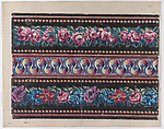 Sheet with a border with pink and multicolor floral garlands on a black background, Anonymous , Italian, late 18th-mid 19th century, Relief print (wood or metal)